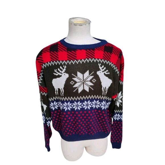 Vintage 90s Fair Isle Christmas Sweater Falls Creek Large Red Green Navy - Picture 2 of 8